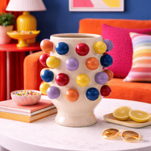 Keramikvase mit farbgien Pom Poms